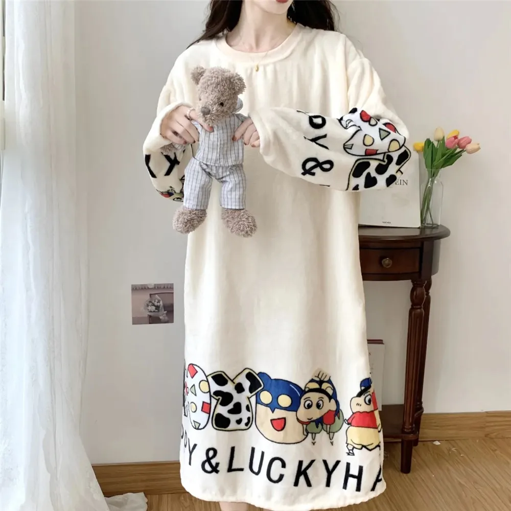 Formal Dressesy2KCoral Velvet Nightgown Printed Women'S Padded Flannel Cartoon Pajamas In Autumn And Winter Long Casual Warm H