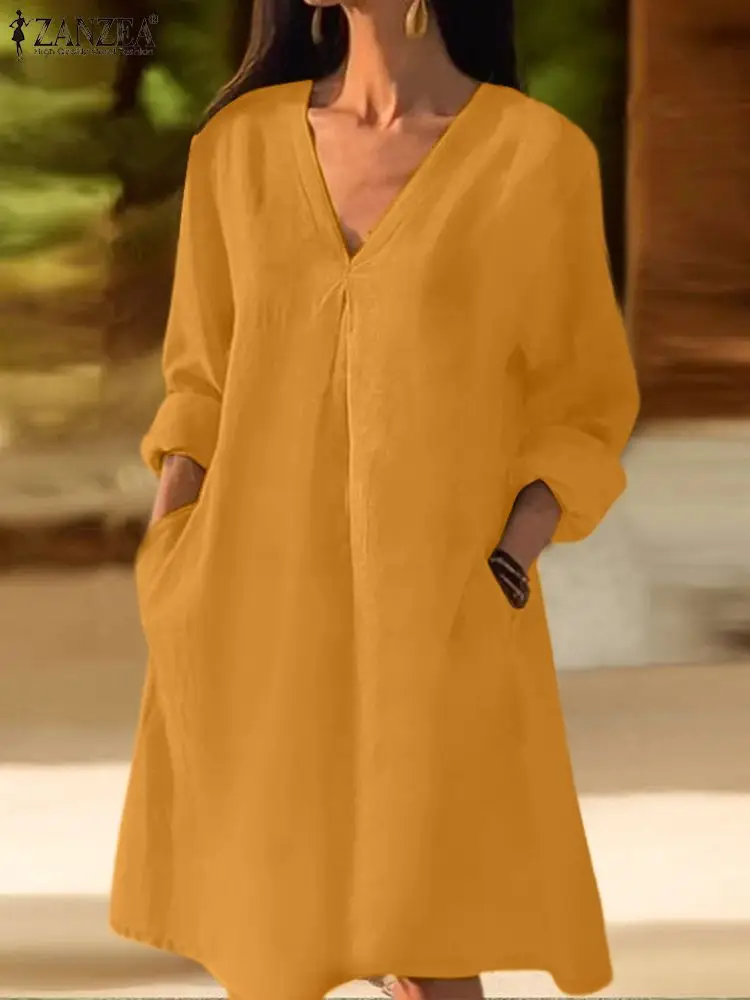 

Платье ZANZEA женское Плиссированное, модный Однотонный сарафан с длинным рукавом, повседневный мешковатый Сарафан до колен, весна-лето