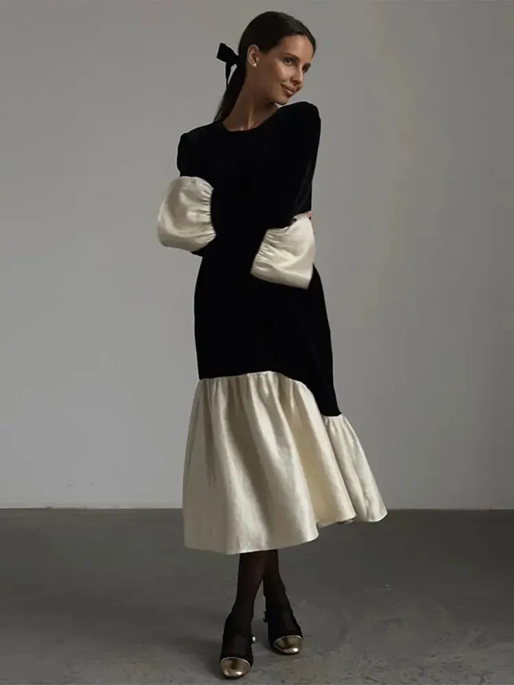 

Chic Patchwork Velvet Midi Dress Women Fashion O Neck Flare Long Sleeve Ruffles Dresses 2024 Elegant Female Evening Party Robes