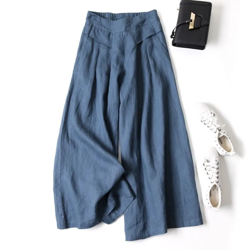 Cotton and Linen Wide-leg Culottes for Women, Loose Semi-elastic High-waist Slim Nine-point Pants 2024 New Women's Pants