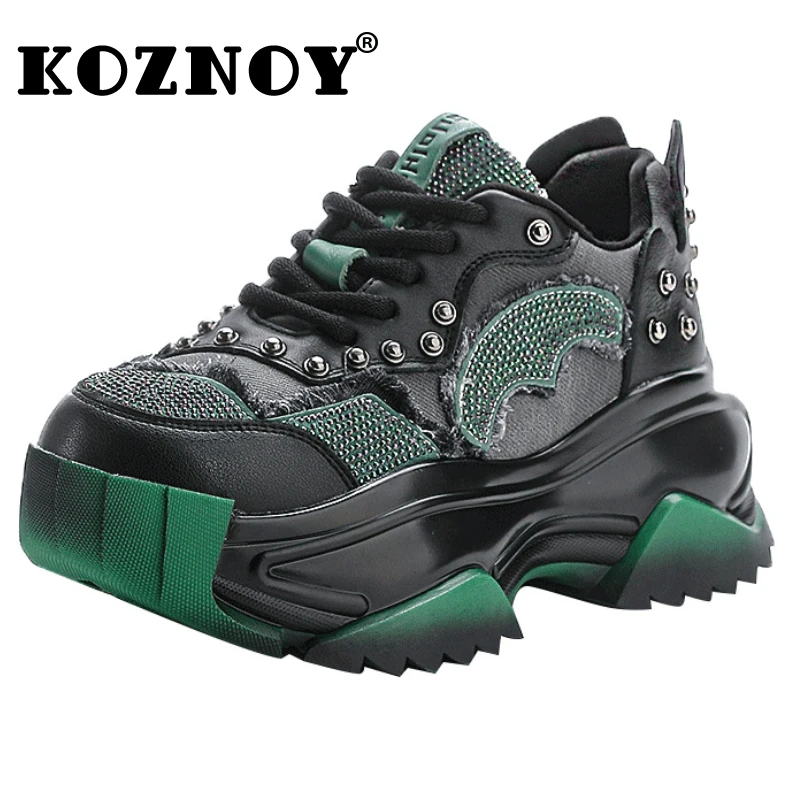 

Koznoy 7Cm Cloth Women Spring Boots with Rhinestones Genuine Leather Autumn Platform Wedge Bling Fashion Chunky Sneakers Shoes