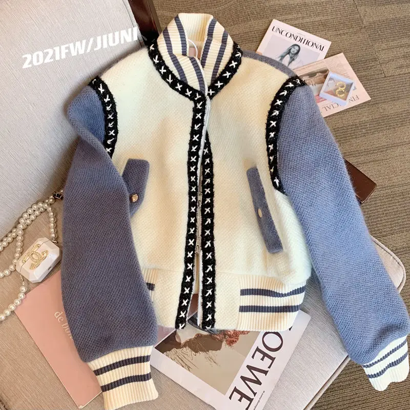 

2022Autumn Winter Women Color Block Stand Neck Baggy Jacket Knitwear Loose Design Long Sleeve Trendy Knitted Baseball Uniform