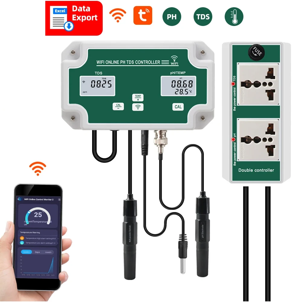 

3 in 1 PH TDS TEMP Water Quality Detector WiFi Online PH TDS Controller BNC Type Probe with Relay Plug for Aquarium Hydroponics