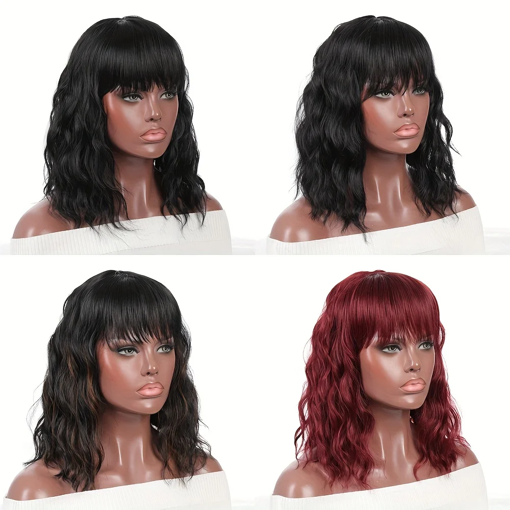 Bob Wigs For Women Curly Wavy Wigs With Bangs Short Heat Resistant Synthetic Wigs For Party Costume Daily Wear Colorful Wigs