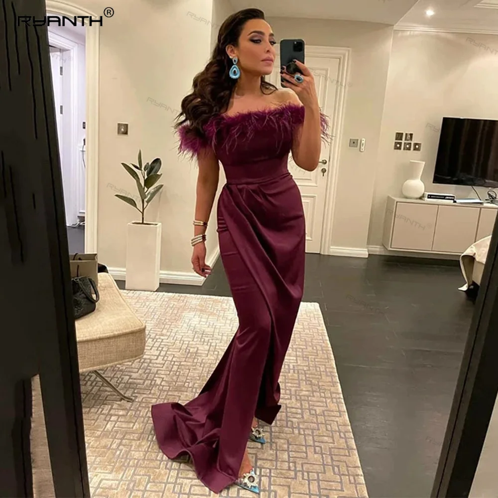 

Ryanth High Side Split Satin Prom Dresses Evening Party Dress Long Pleats Maxi Evening Gowns Feather Formal Women Dress