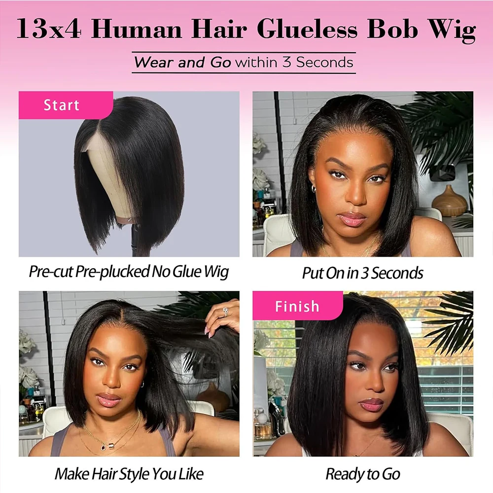 13x4 HD Bone Straight Lace Frontal Bob Wig Human Hair 100% Short Bob Glueless Wig Human Hair 250% Straight Lace Front Bob Wigs