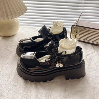 Girls Black School Shoes Princess PU Leather Soft Kids Flats Mary Janes for Wedding Party with Pearl Pendant Sweet Bright Skin 1