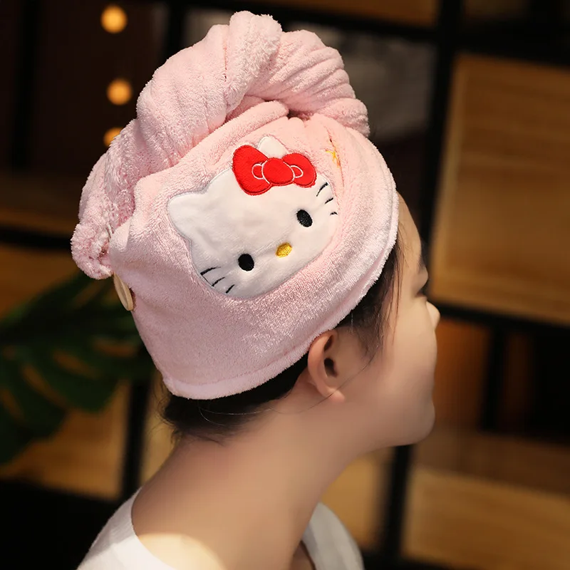 

Kawaii Hello Kitty Sanrio Dry Hair Cap Cinnamoroll Cartoon Cute Coral Velvet Thickening Rapid Water Absorption Toys Quick Drying