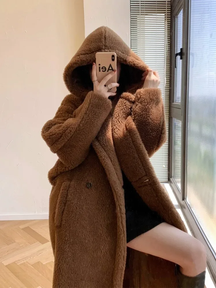 HNL Hooded Teddy Bear Fur Mid-length Coat 2022 Winter New Tobacco Color Alpaca Coat Women's Loose hand carved tobacco pipe pirate davy jones head pipe octopus design briar wood pipe body cumberland pipe mouthpiece length 145mm