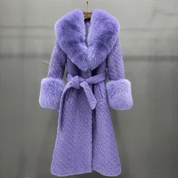 Long Wool Coat With Natural Genuine Red Gold Fox Fur Collar Cuffs Belt Furry Luxurious Fashion Chic Fluffy Winter black overcoat