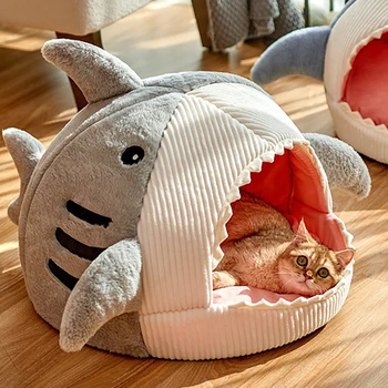 Warm Cat Beds Cartoon Shark Pet Cave Beds Sweet Kittens Basket Cushion Cat Pillow Mat Tent Puppy Nest Cave Pet Goods 3