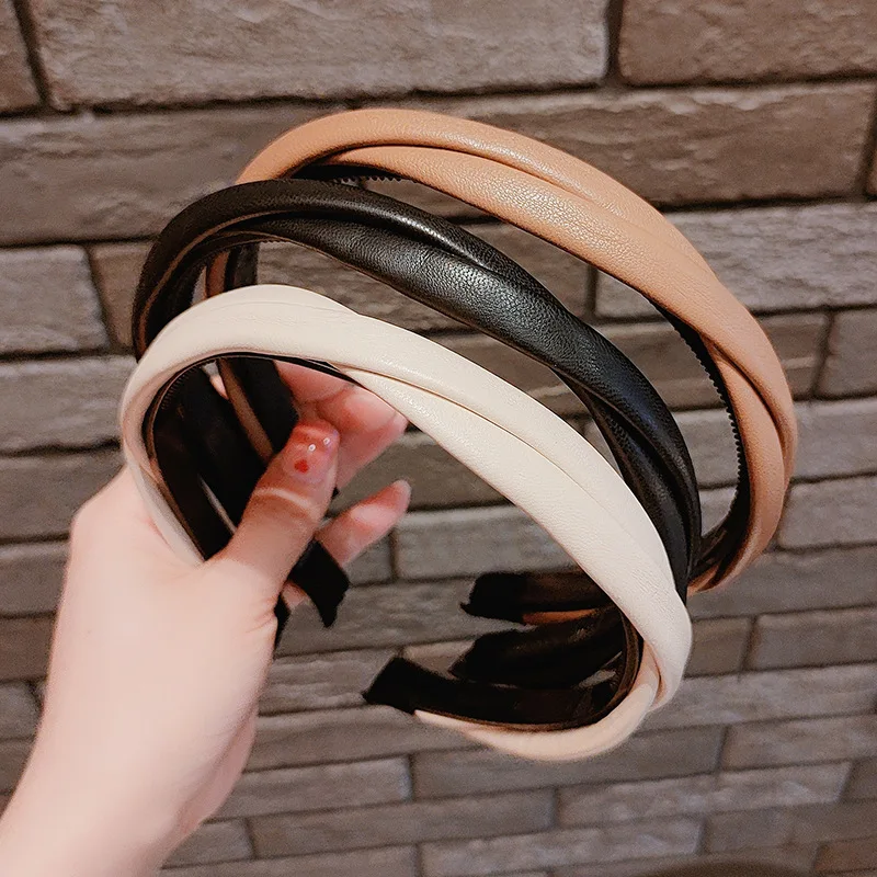 High Quality Women PU Leather Thick Sponge Wide Hairbands Wide Sponge Padded Simple Hair Hoop Band Bezel Hair Accessories