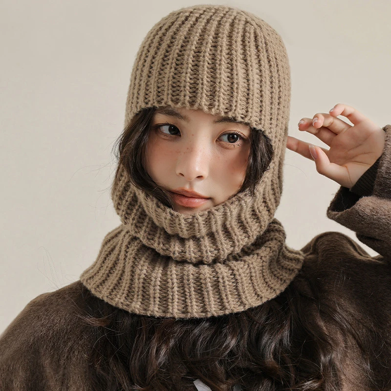 2 In 1 Mask Pullover Cap for Women Winter Warm Woolen Knit Headgear Bonnet Full Face Shield Balaclava Hat Hooded Beanies