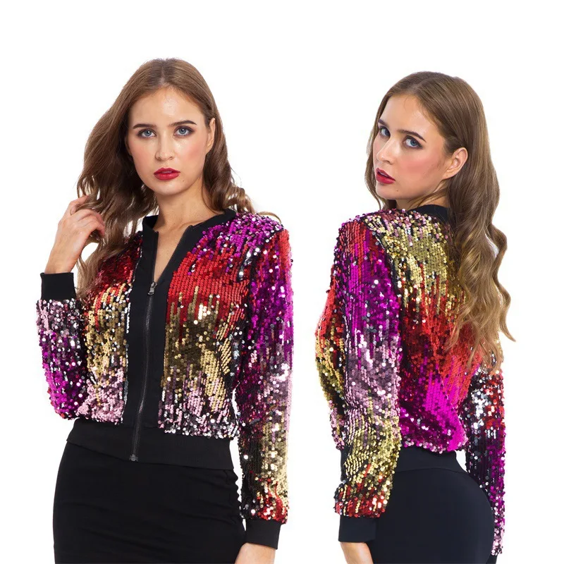 Fashion Sequin Jackets Women Glitter Long Sleeve Short Coats Elegant Spring Outwear Office Ladies gradient Streetwear Jacket evening ladies autumn and winter dress v neck long sleeved sexy split stitching sequin elegant prom dresses for womens