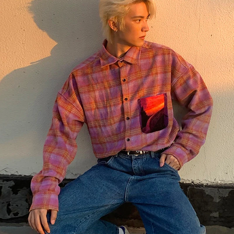 

American Street Retro Observatory Sunset Print Purple Red Plaid Loose Shirt Men Spring Korean Clothes Long Sleeve Casual Shirts