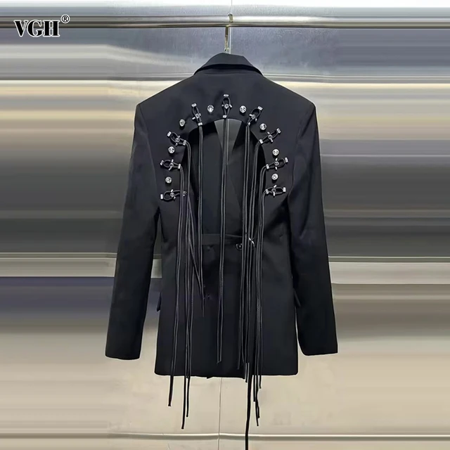 VGH Minimalist Patchwork Drawstring Solid Blazers For Women Notched Collar Long Sleeve Backless Hollow Out Blazer Female Style 1