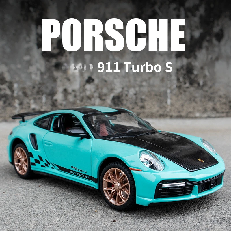 Diecast 1:24 Porsche 911 Turbos Alloy Sport Car Model Sound Light Pullback Collective Metal Miniature Voiture Toy Vehicles Boy