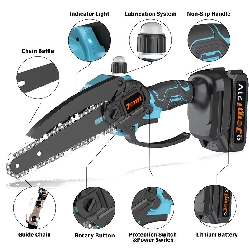 Jemi Tool 21V mini chainsaw, 6 inch electric chainsaw with automatic lubrication system for garden, yard 6