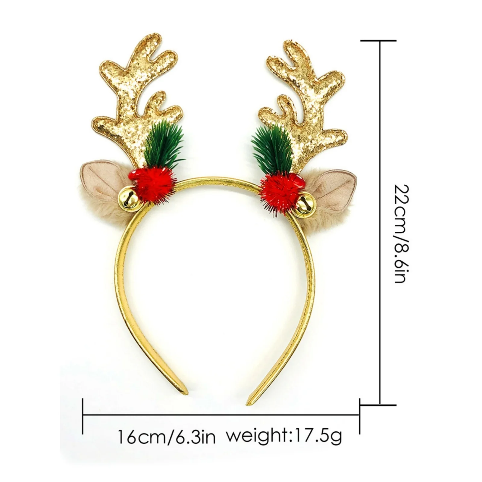 Christmas Reindeer Antlers Headbands, Glittery Gold & Red Xmas Hair Hoops, Festive Holiday Party Hair Accessories For Kid Adults