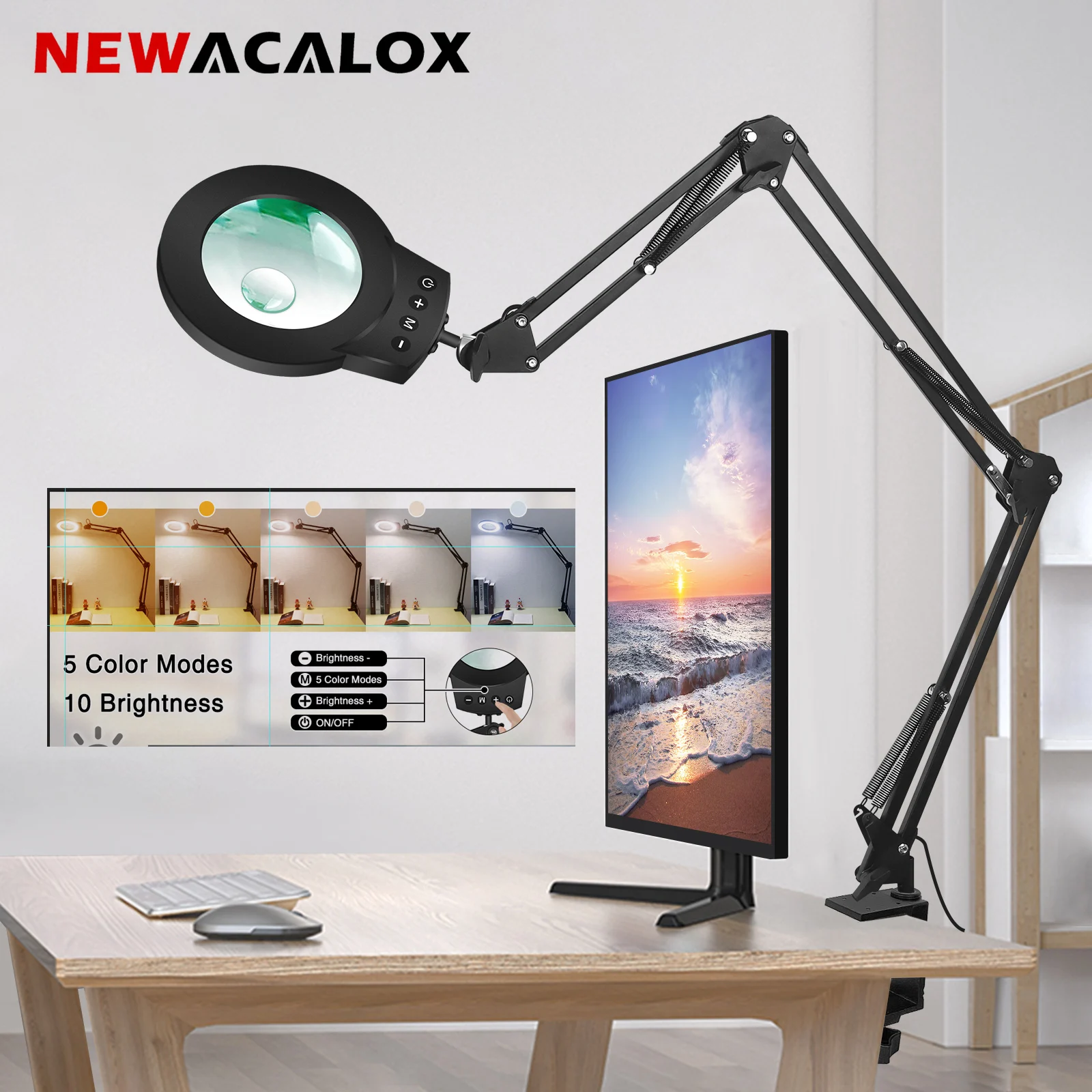 Magnifying Glass Lamp Long Swing Arms 5X/10X with 5 Color Adjust LED Lights Reading Table Lamp for Welding Repair Close Work