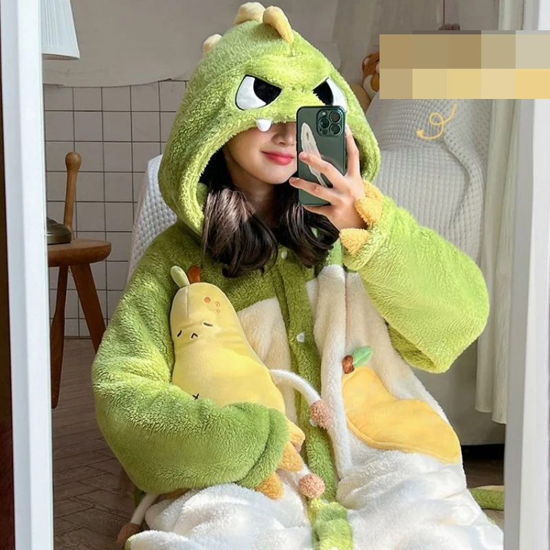 Women's Hooded Nightdress Autumn and Winter Warm Thicken Pajamas Sweet Dinosaur Cosplay Flannel Nightgowns Cute Funny Bath Robes