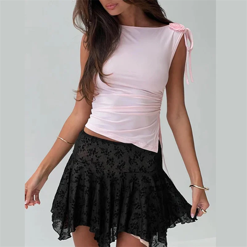 Pink Crop Top y2k Clothing Women Solid Color Sleeveless Ruched Tanks with 3D Flower 2000s Aesthetic Clothes Streetwear 8 Pink Crop Top y2k Clothing Women Solid Color Sleeveless Ruched Tanks with 3D Flower 2000s Aesthetic Clothes Streetwear