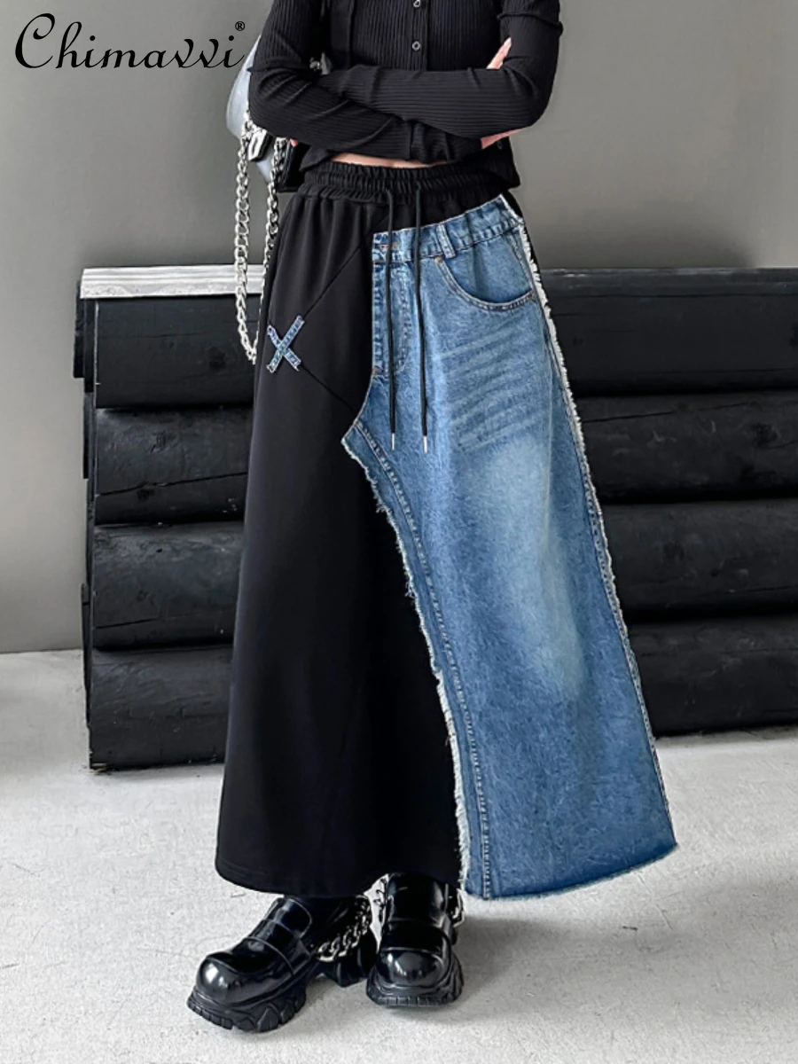 

Fashion Color Contrast Stitching Denim Stitching Skirt Female 2024 Spring and Autumn New Loose Slimming Casual A- Line Skirts