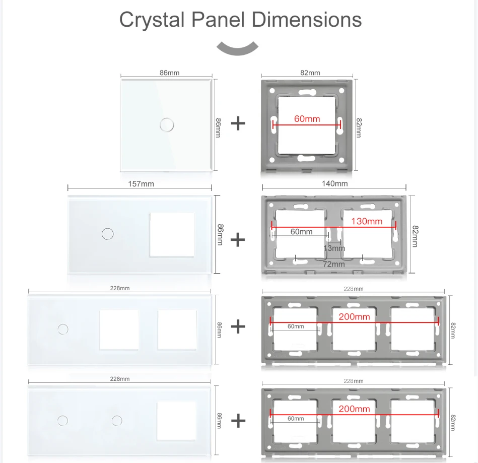 Bseed 157mm 1 Gang 2 Gang Glass Panel Only White Black Gold Grey Color EU Standard Pearl Crystal Glass