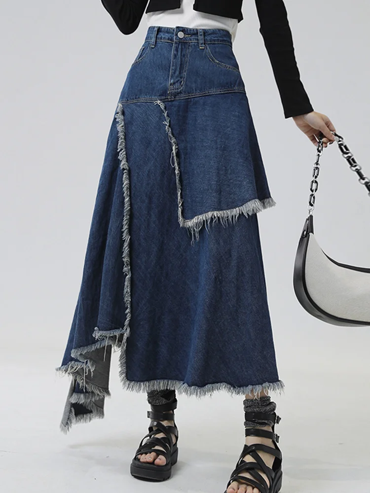 

Irregular Patchwork Pocket Denim Skirt High Waist Tassel A-line Skirts 2023 Spring Summer New Tide Chic Mujer Faldas M414