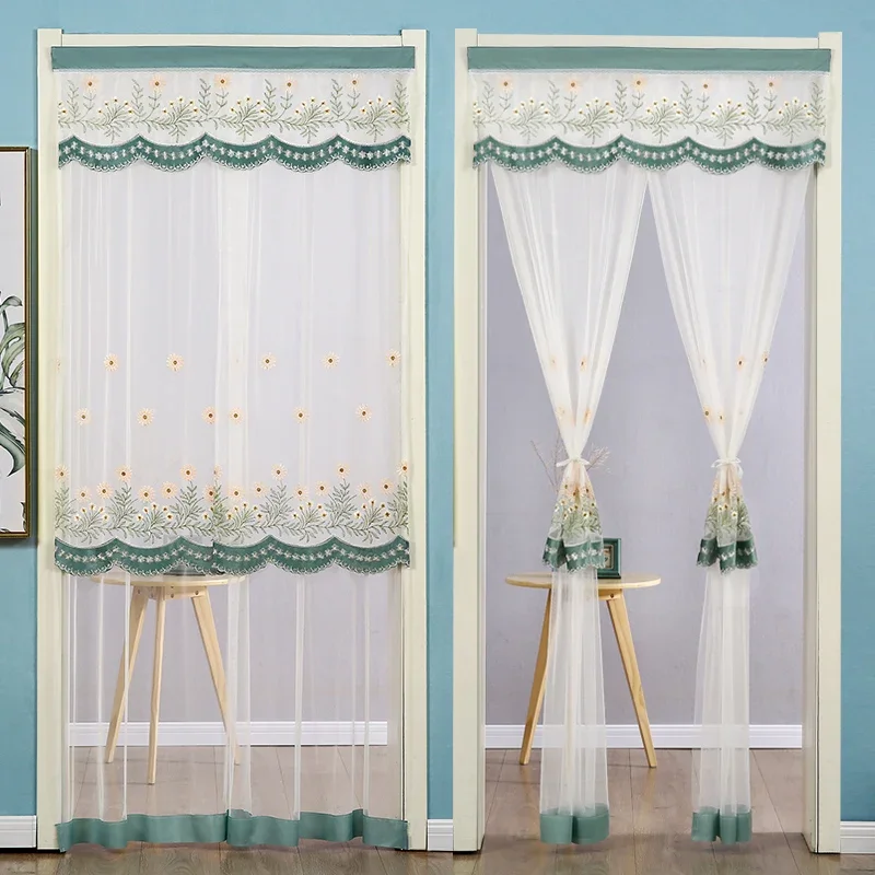 thumbnail image 1 of Cortinas de puerta bordadas con encaje de malla, sin perforaciones, de doble capa, transparentes, con borde ondulado, decorativas, de media cortina, 1 of 5