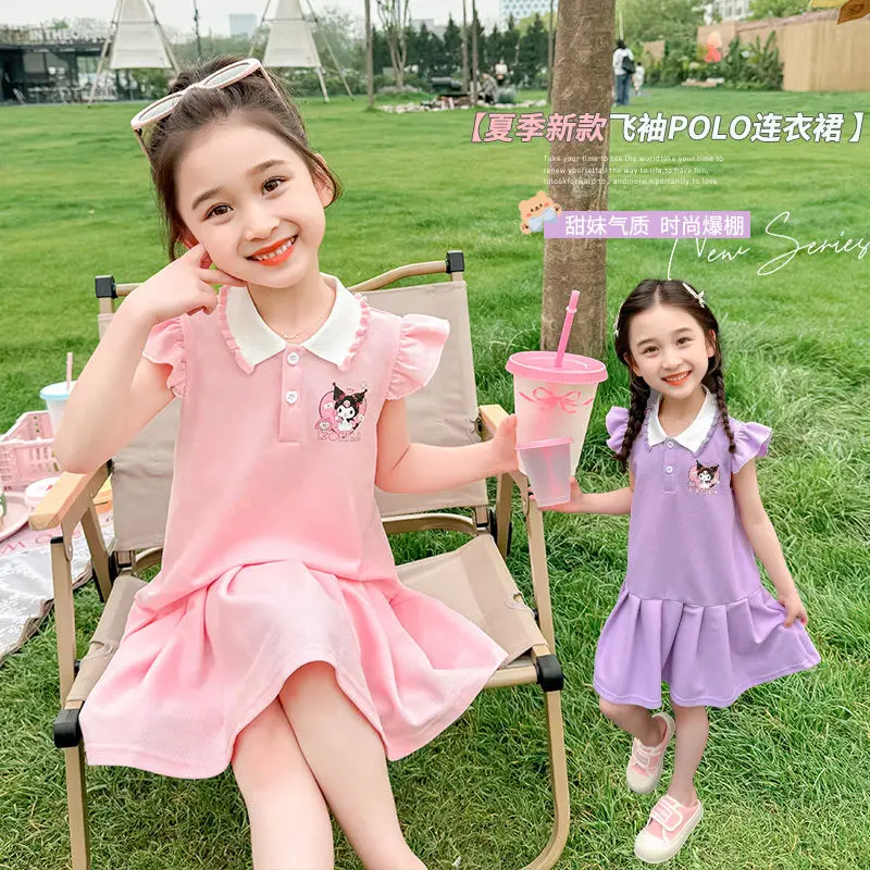 

Женское летнее платье Sanrio Kuromi с коротким рукавом, милое мультяшное детское платье принцессы, рубашка, подарок для девочек