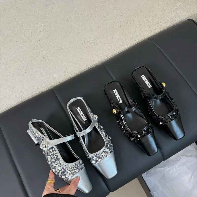 

Тапки женские на низком квадратном каблуке, из ПУ кожи