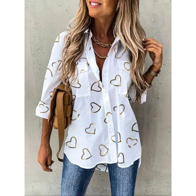 Plus Size 1XL-5XL Women's Fashionable Lapel Single Breasted Heart-shaped Printed Casual Long Sleeved Comfortable Shirt
