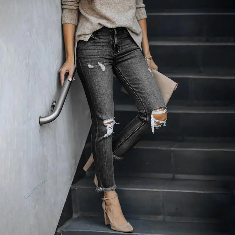 

New Jeans Woman Ripped Slim Fit Streetwear Casual High Waist Black Skinny Vintage Fashion Stretch Women's Pants