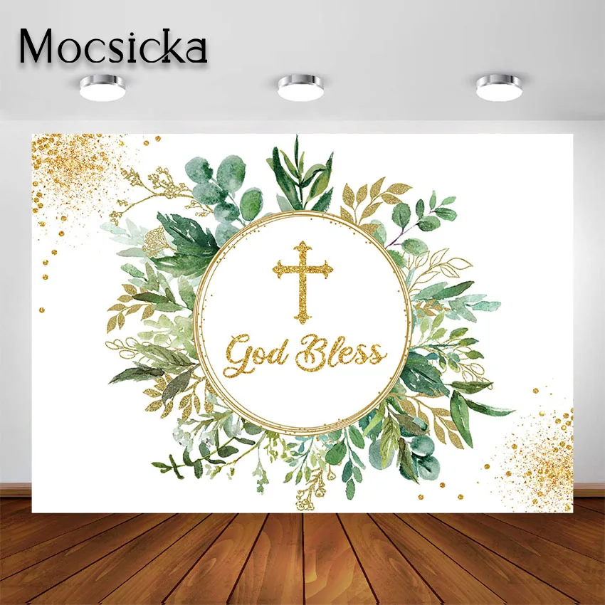 

Mocsicka Greenery God Bless Backdrop Gold Glitters Eucalyptus Green Leaves Baptism First Holy Communion Baby Shower Background