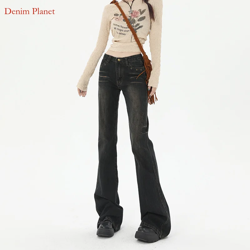 

Denim Planet Spicy Girl Low Waist Micro Flared Jeans For Women's 2024 New Slim Fit Slimming And High Horseshoe Flare