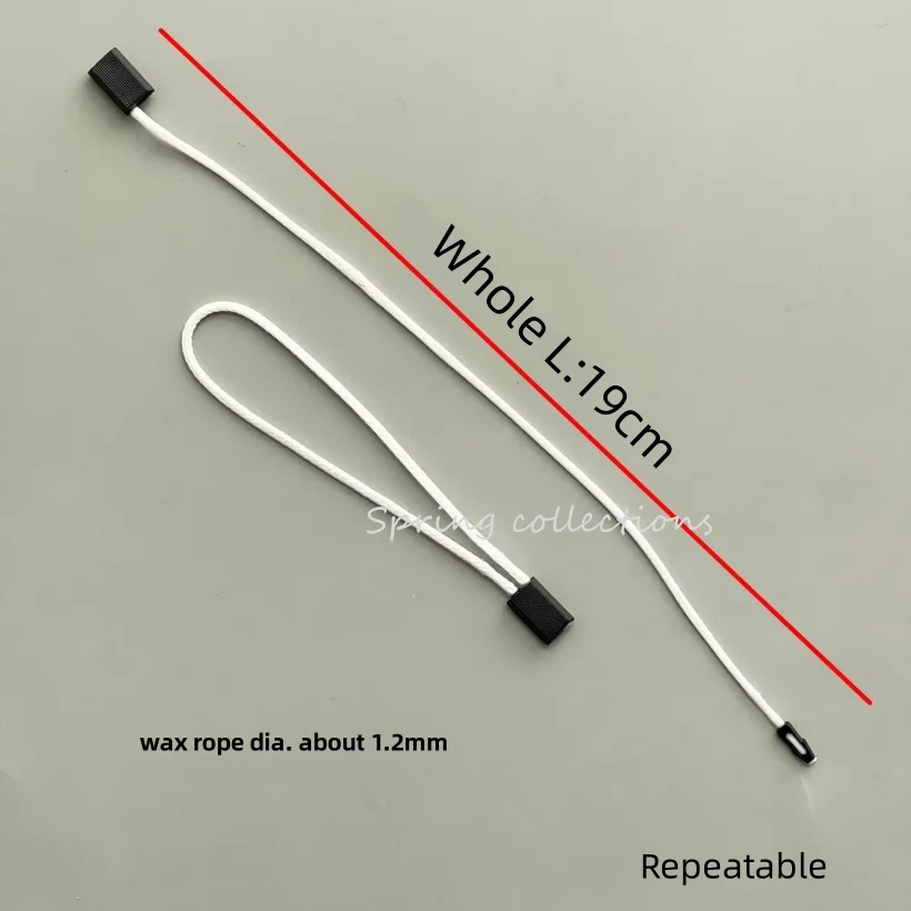 500개 L19cm 직경 1.2mm 왁스 로프 행택 라벨 로프 스트링 스냅 잠금 핀 루프 타이 패스너 의류 신발용 플라스틱 버클 포함