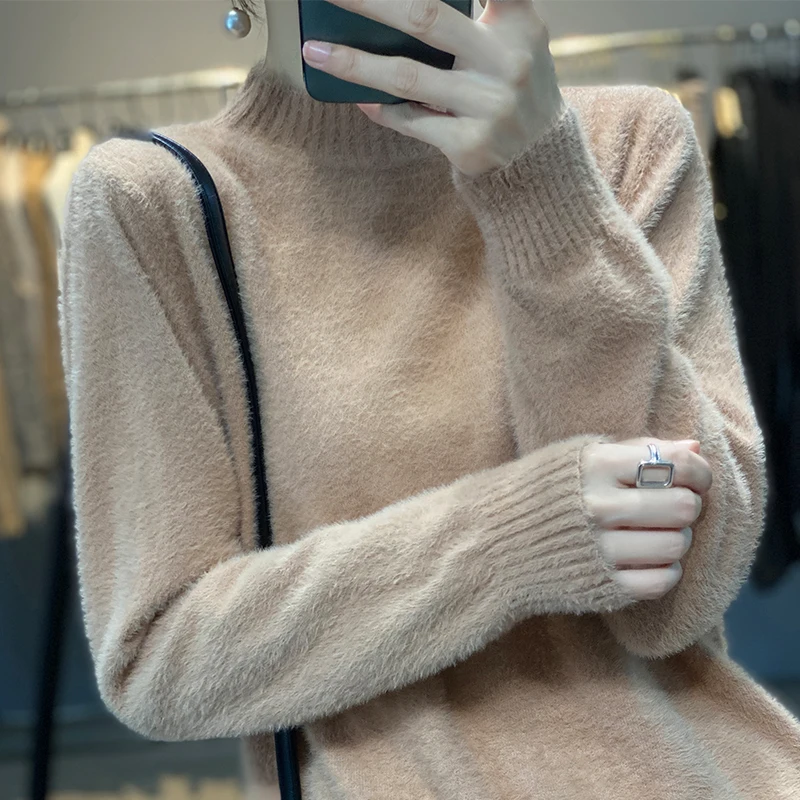 

2022 New Winter Half Turtleneck Mink Cashmere Sweater Women Loose Pullover water Mink Sweaters For Women Winter