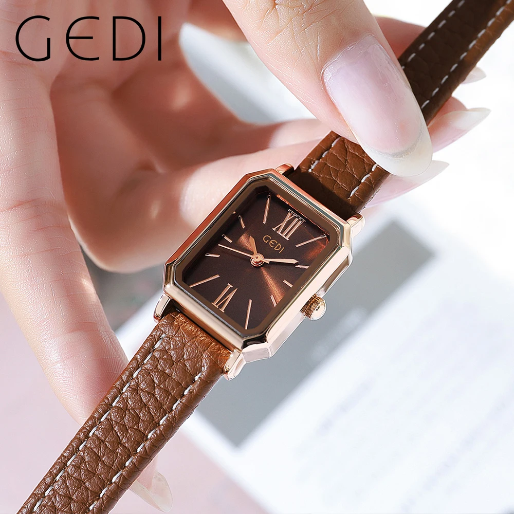 Fashion Gedi Top Brand Waterproof Rectangle Small Women Watches Vintage Coffee Leather Strap Casual Quartz Ladies Wrist Watches 2