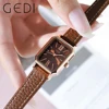 Fashion Gedi Top Brand Waterproof Rectangle Small Women Watches Vintage Coffee Leather Strap Casual Quartz Ladies Wrist Watches 2