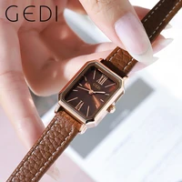 Fashion Gedi Top Brand Waterproof Rectangle Small Women Watches Vintage Coffee Leather Strap Casual Quartz Ladies Wrist Watches 2