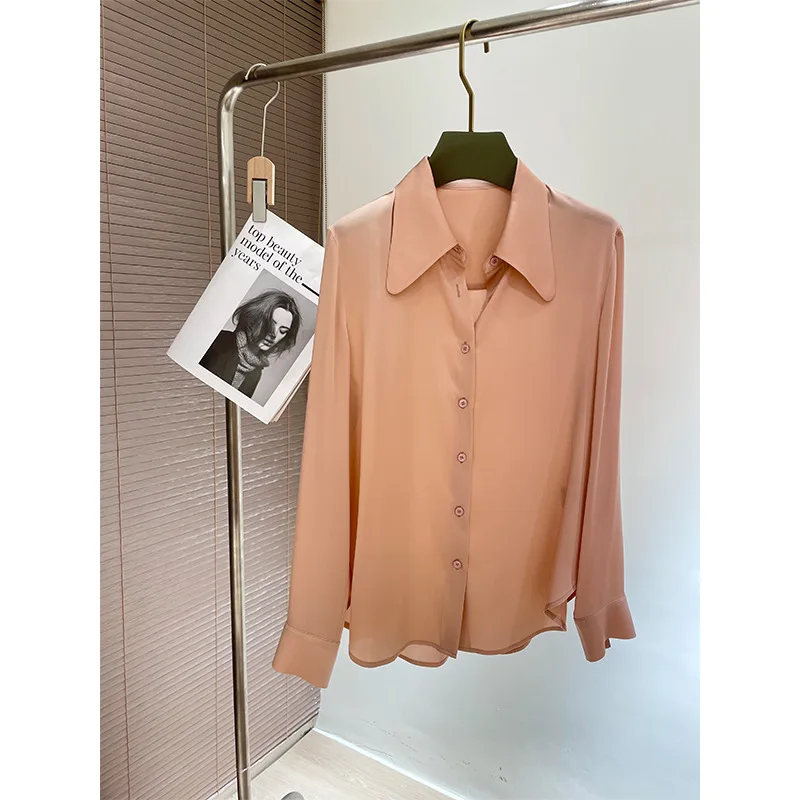 thumbnail image 1 of Camisas elegantes de color puro de manga larga para mujer, nuevo diseño de primavera y otoño de 2022, blusas y camisas de seda real de alta calidad 90%, 1 of 5