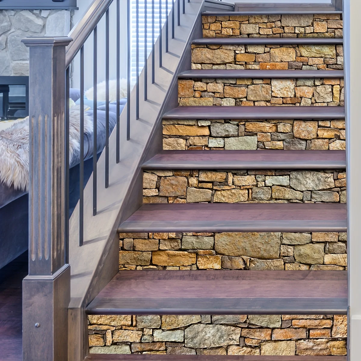 13PCS simulation 3D natural original brown stone wall ladder stickers self-adhesive waterproof wear-resistant thickening sticker