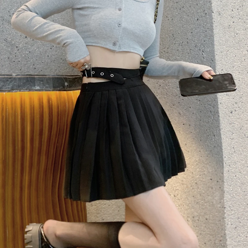 

Rimocy Harajuku Black Pleated Skirts with Belt Women 2022 Summer High Waisted Goth Mini Skirts Woman Solid Color Y2k Skirt Mujer