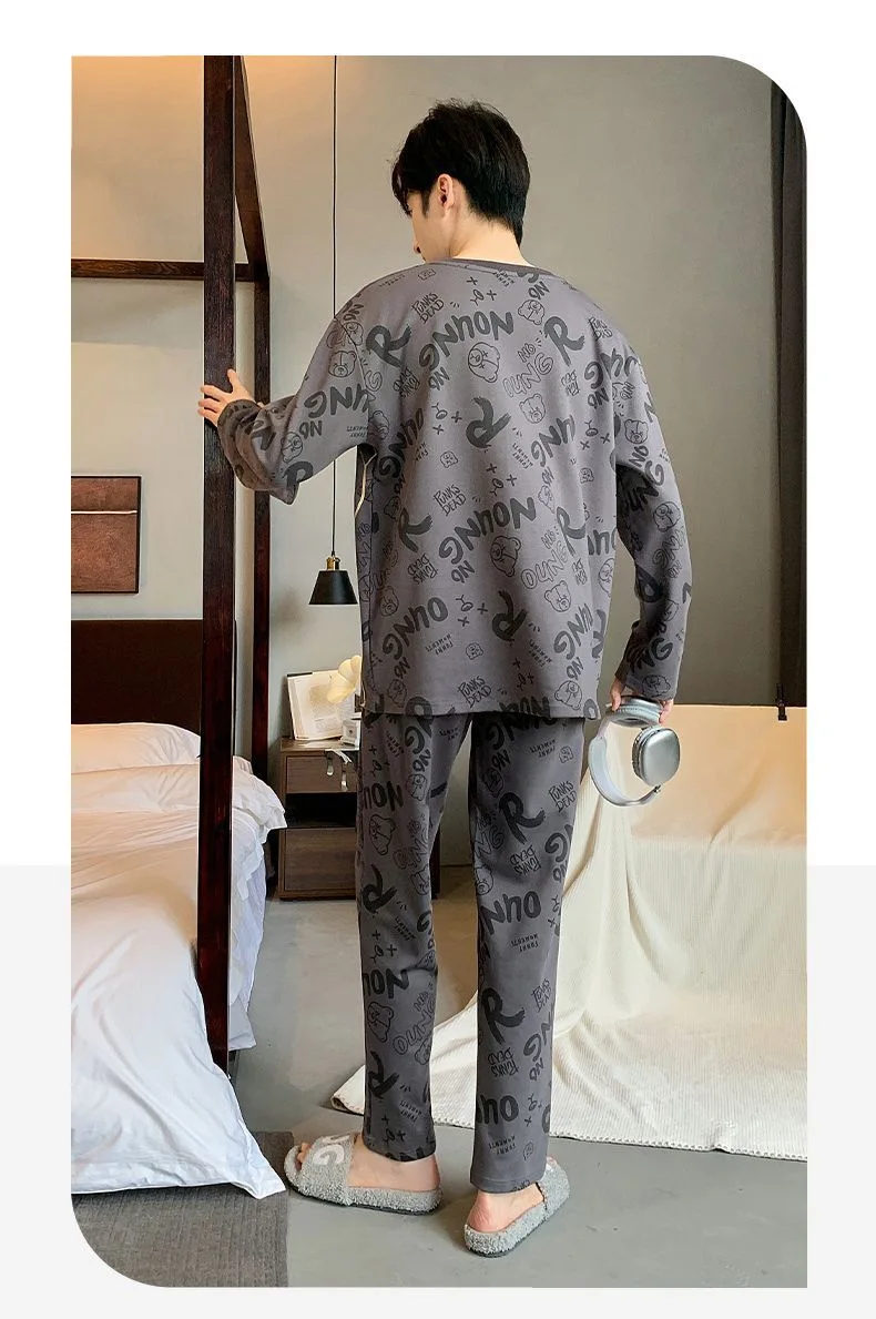 Herren-Pyjama in Übergröße, Cartoon-Bär, langärmelig, locker, atmungsaktiv, weich, Loungewear, Pullover, Oberteil, Hose, zweiteiliges Set, Nachtwäsche – Detail 5