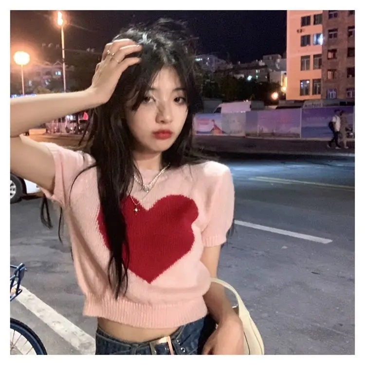 Blusa elegante y juvenil de estilo preppy, blusa de verano para mujer, camiseta de punto dulce, top corto, moda coreana