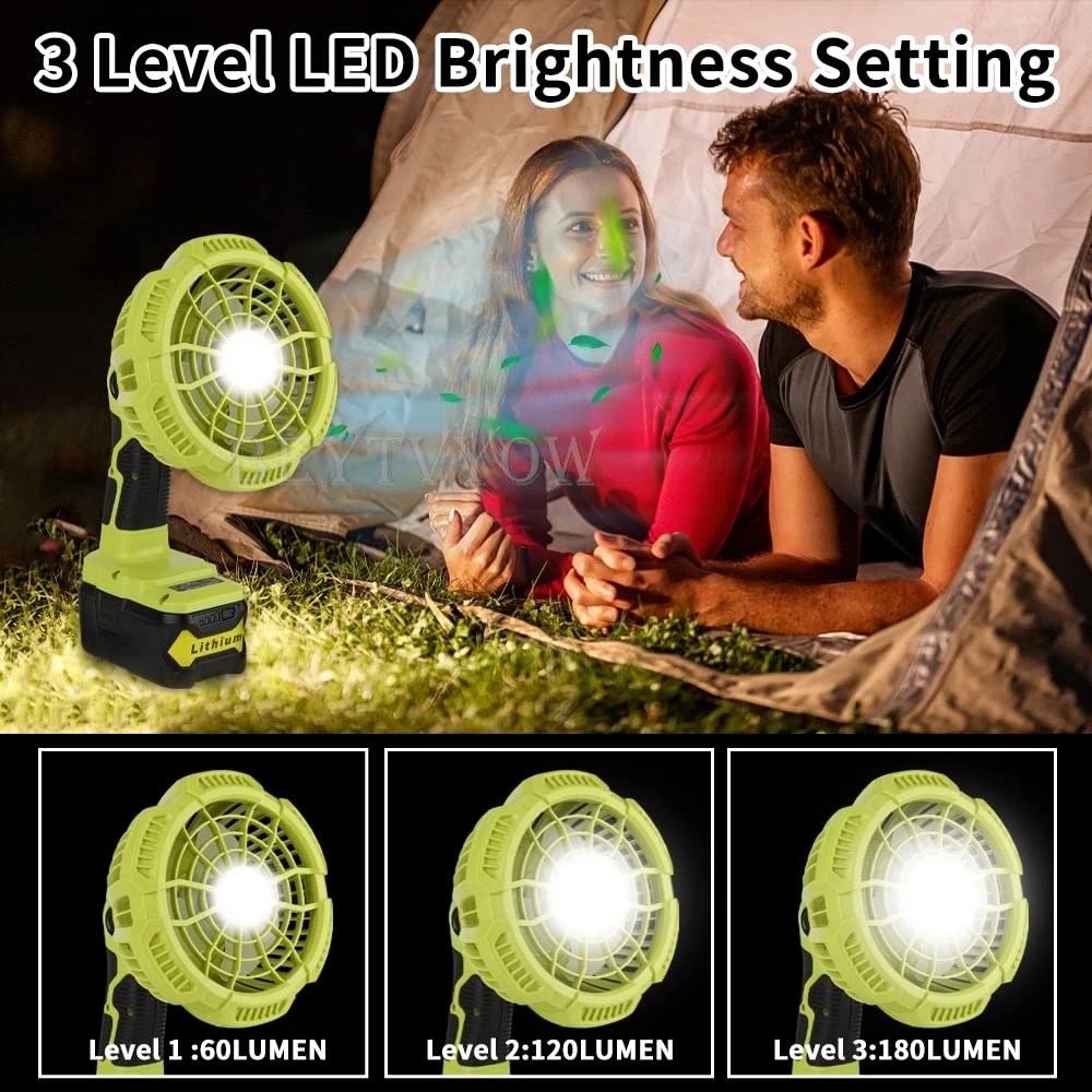 Cordless Fan Compatible with Ryobi 18v Battery with 300LM LED Light Portable Cam