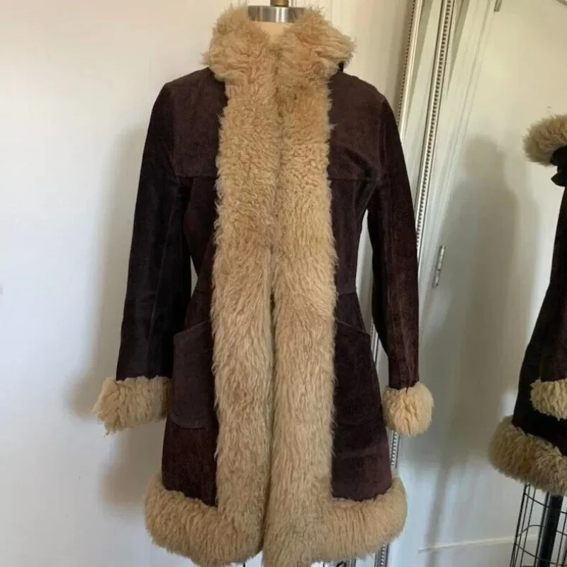 Vintage Bronze Lane Suede Leather Hooded Lamb Fur Long Sleeve Coat