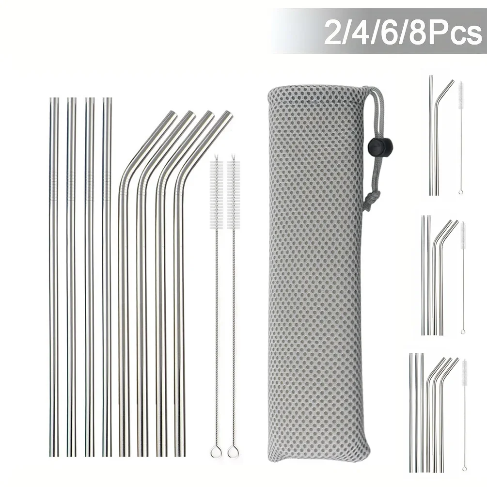 Stainless Steel Reusable Drinking Straw Set - Silver