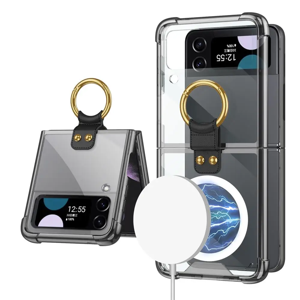 

For Samsung Galaxy Z Filp 4 3 Magsafe Case Magnetic Wireless Charging Transparent Ring Holder Bracket Folding Shockproof Cover